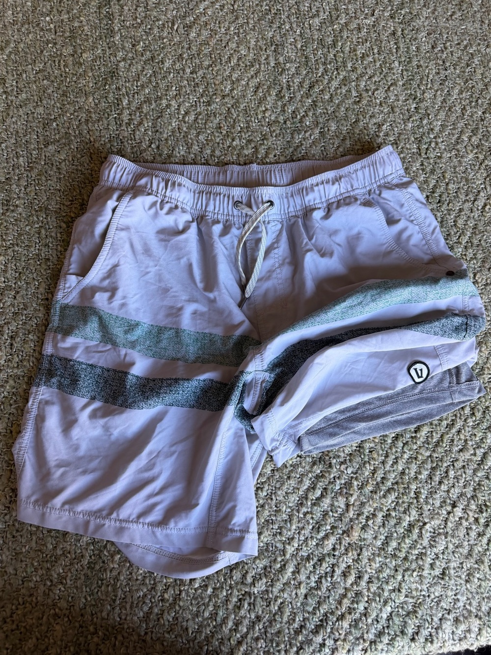 Vuori White Athletic Shorts with Teal and Gray Stripes - Picture 3 of 4